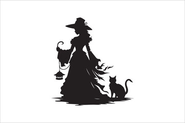 witch silhouette illustration. Halloween witch silhouette. A Silhouette of Witch with Broom.