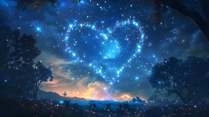 Fototapeta premium Bright stars in a night sky arranged in the shape of a heart, romantic magic night, love and Valentines day card. 