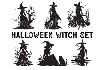 witch silhouette Bundle  illustration. Halloween witch silhouette set. A Silhouette of Witch with Broom.