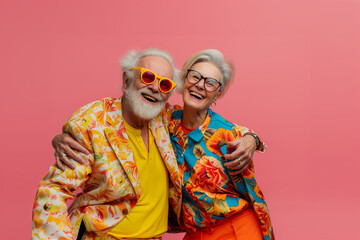 Crazy smiling senior couple, isolated pink color background, image with space for text