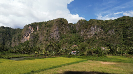 View from the air, Rammang-rammang tourist village with karst mountains and green trees