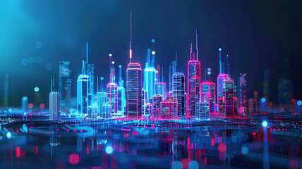 Obraz premium Attractive Raster illustration of the wired modern city Cyberpunk buildings skyscrapers neon glow