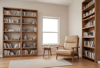 Fototapeta premium house room interior furniture with copy space, simple background, with book shelves and arm chair