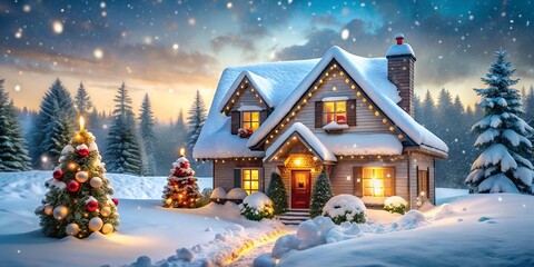 Winter scene with a snow covered house and Christmas decorations Creative AI