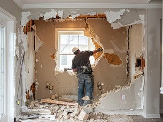 A construction worker demolishing a wall in a home renovation project, showcasing drywall debris and renovation progress.