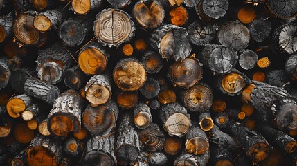 Photo of a stack of wood logs, wooden logs storage for winter, abstract background.