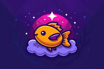 Fototapeta premium Cute Cartoon Fish Flying on a Cloud in a Night Sky