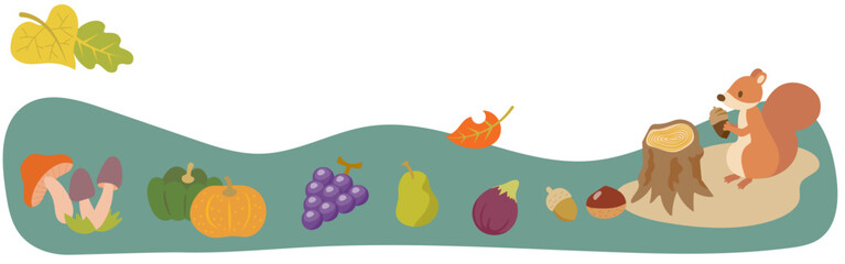 どんぐりを抱えたリスと秋の果物と野菜と紅葉して色づいた葉の横長なベクターイラストレーション