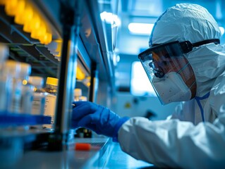 A scientist in protective gear working in a laboratory, focusing on experimental procedures and safety measures.