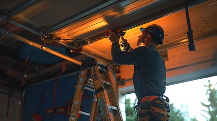 A skilled handyman using a power tool to install a garage door opener while standing on a ladder in a well-lit garage.