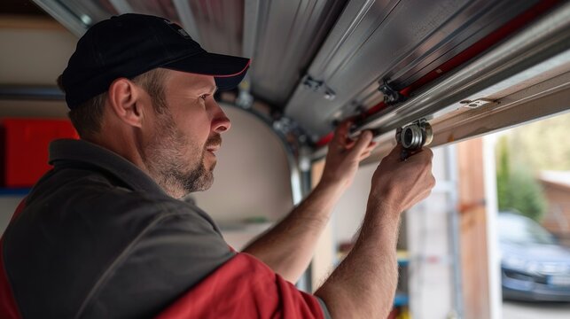 A skilled technician adjusts a garage door track with precision using a tool, ensuring optimal functionality and safety.
