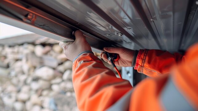 A skilled technician performing maintenance on a garage door track, ensuring proper functionality and safety.