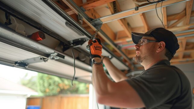 A skilled technician repairs a garage door opener with tools in a well-lit garage, showcasing craftsmanship and attention to detail.