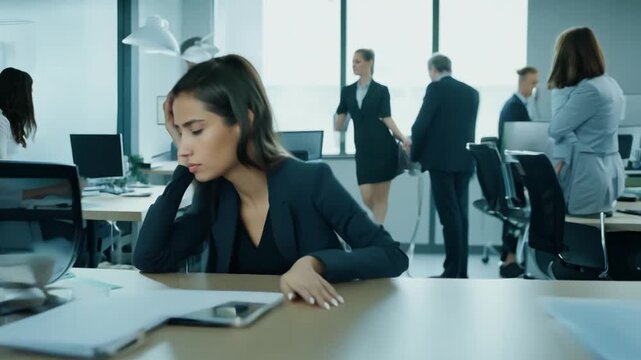 Exhausted Young Woman at Desk in Office Feeling Sick While Coworkers Remain Busy Generative AI