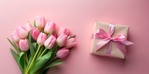 Pink gift box with ribbon bow and bouquet of tulips on isolated pastel pink background AI Generative