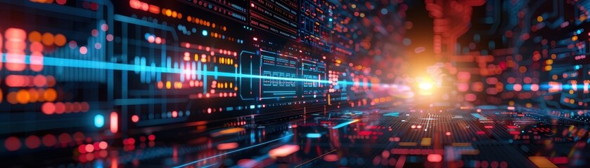 Obraz premium Futuristic Digital Data Stream with Vibrant Colors and Light Effects in a High-Tech Environment
