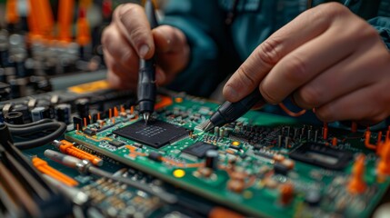 Close-up of a technician repairing an electronic circuit board with precision tools and vibrant components.