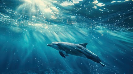 Fototapeta premium Graceful Dolphin Swimming Underwater with Sunlight Filtering Through the Ocean Surface