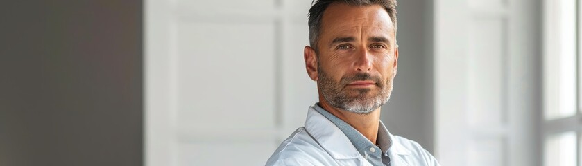 Fototapeta premium Confident Middle-Aged Man with Gray Hair and Beard Standing in Bright Modern Interior