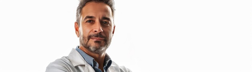 Fototapeta premium Confident Male Professional in White Coat with Arms Crossed on White Background