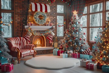 Fototapeta premium Christmas tree in the room near the fireplace and with festive decorative decorations. Evening cozy festive atmosphere