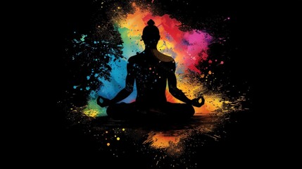 Silhouette of a Man in Meditation, Surrounded by Colorful Splashes