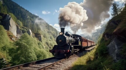 Steam Train Through Mountain Valley