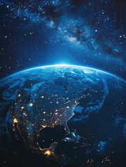 Obraz premium A stunning image of the Earth viewed from space at night, showcasing its curvature and atmospheric glow