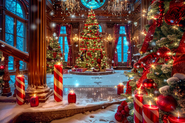 A grand staircase decorated for Christmas with garlands and ornaments, a small Christmas tree, and a lit candle, creating a warm and festive ambiance