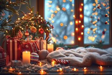 Christmas background with gifts box and decorative holiday decorations. Happy New Year and Merry Christmas