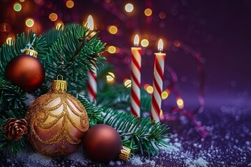 Elegant Christmas decorations with red and gold ornaments, pine branches, and lit candles on a dark background, creating a warm and festive ambiance.