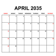 april 2035. Calendar with holydays or red dates. monthly calendar design with week starts on sunday. printable, simple, and clean vector design isolated on white background.