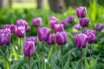 Fototapeta premium Beautiful purple tulips in nature 