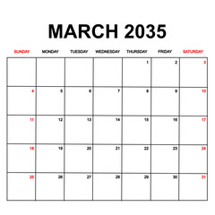 march 2035. Calendar with holydays or red dates. monthly calendar design with week starts on sunday. printable, simple, and clean vector design isolated on white background.
