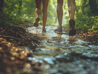 Two individuals walk along a serene forest path, enjoying nature's tranquility and the soothing sounds of flowing water.
