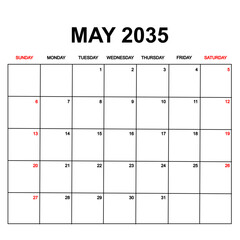 may 2035. Calendar with holydays or red dates. monthly calendar design with week starts on sunday. printable, simple, and clean vector design isolated on white background.