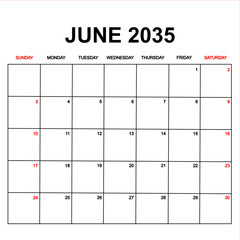 june 2035. Calendar with holydays or red dates. monthly calendar design with week starts on sunday. printable, simple, and clean vector design isolated on white background.