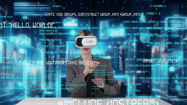IT developer analyzing intelligent website development coder system running data by VR glasses screen innovation interface digital infographic network technology visual hologram server. Contraption.