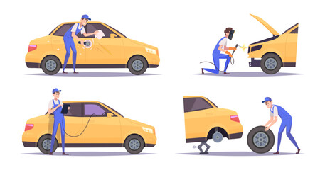 Car service. Repair vehicle change wheels and oil repairman characters exact vector cartoon templates