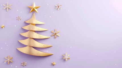 Christmas gold tree. Purple-themed Christmas decoration with baubles, pine branches, and gifts arranged in a festive manner.