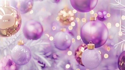 Fototapeta premium Purple Christmas baubles ball and holiday composition. Merry Christmas and Happy New Year background.