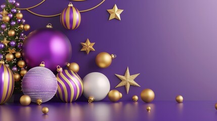 Purple Christmas baubles ball and holiday composition. Merry Christmas and Happy New Year background.