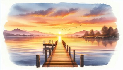 A calm watercolor painting depicting a wooden pier sloping gently into a charming lake at dusk