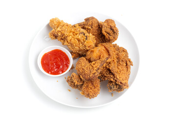 Crispy Fried chicken on a white plate isolated on white background. Perfect for recipes, articles or any cooking content.