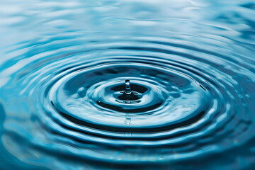 A small blue water droplet is floating in the air