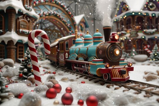 Festive Christmas train set in snowy village with decorated trees, candy canes, gifts, and ornaments, creating a magical holiday scene. Christmas background with steam locomotive winter fairytale time - Powered by Adobe
