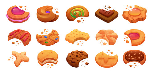 Bites cookies. Snack dessert with crumbs exact vector cookies in cartoon style