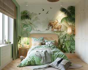 Jungle-themed Kids Bedroom with Elephant Mural