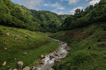 Aerial view of Khao Chong Lom is a natural famous tourist attraction located in Khun Dan Prakan Chon Dam. Nakhon Nayok Province, Thailand.