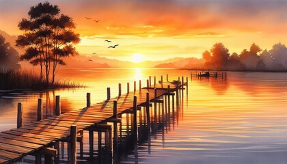 Fototapeta premium A calm watercolor painting depicting a wooden pier sloping gently into a charming lake at dusk